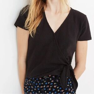 MADEWELL Small Brown 100% Cotton Texture Wrap-Tie Cropped Short Sleeve Shirt‎